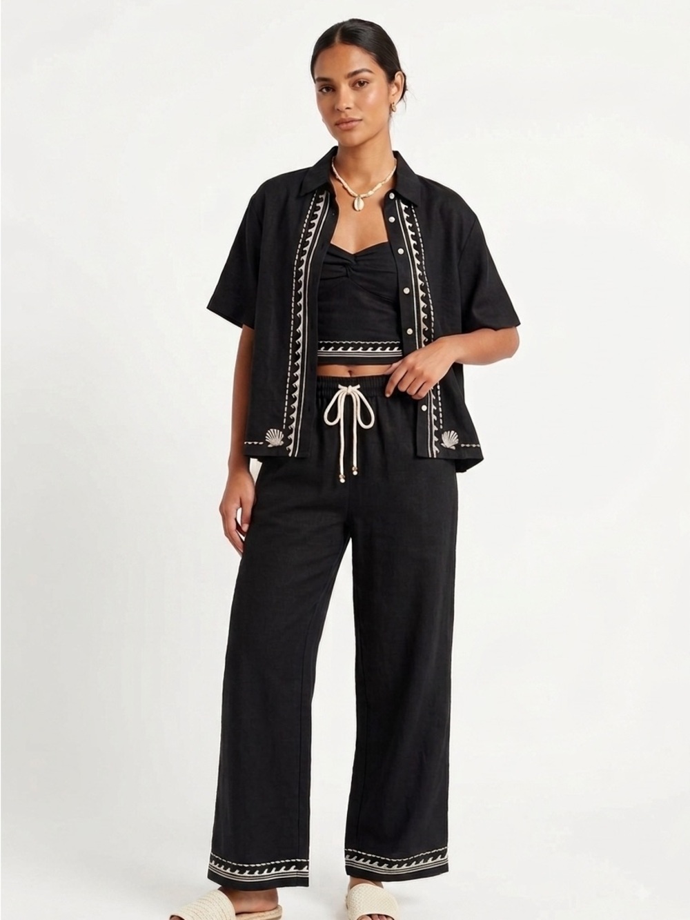 Rip Curl Black Wide-Leg Embroidered Pants with Cream Trim